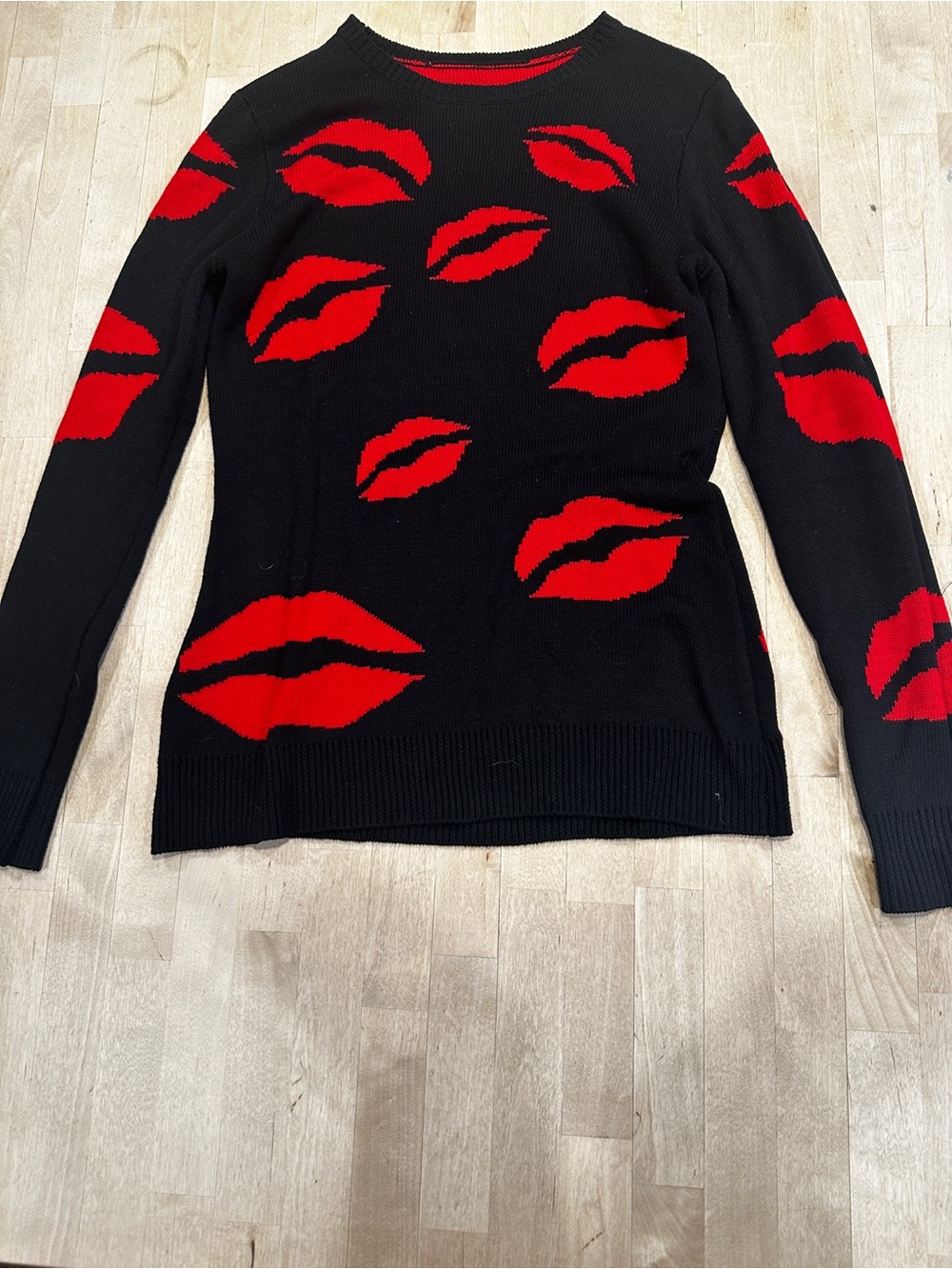 Black Crewneck Sweater with Red Lip Print